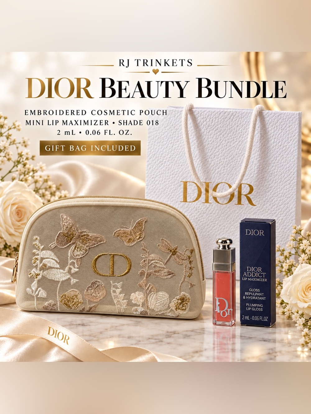 Dior Embroidered Beige Cosmetic Pouch with Pink Lip Gloss